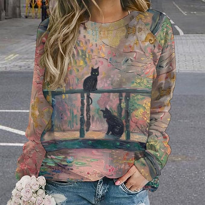 Spatofa Womens novelty funny cat printed crewneck sweatshirt casual loose long sleeve graphic pullover sweatshirts tops