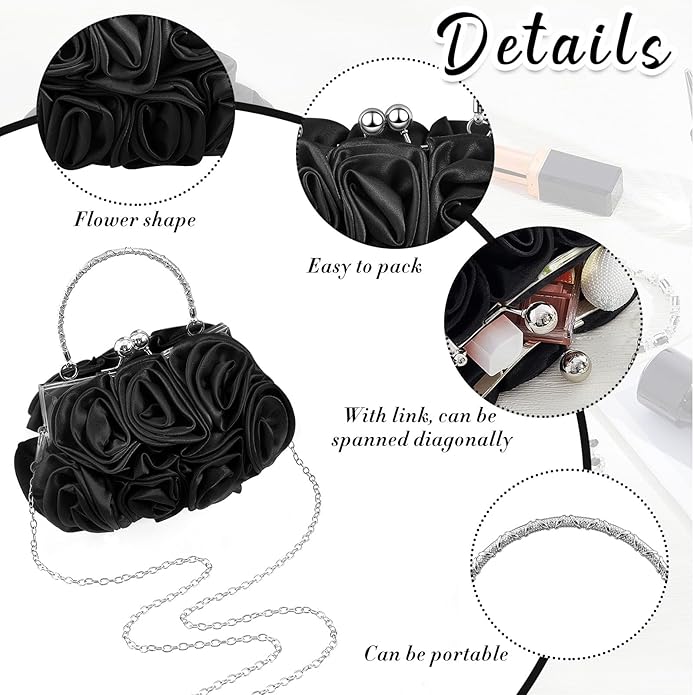 4 Pcs Flower Clutch Rhinestone Jewelry Set Rose Clutch Handbags with Detachable Strap Detachable Necklace Earrings Bracelets for Wedding Party Prom Valentine Gift