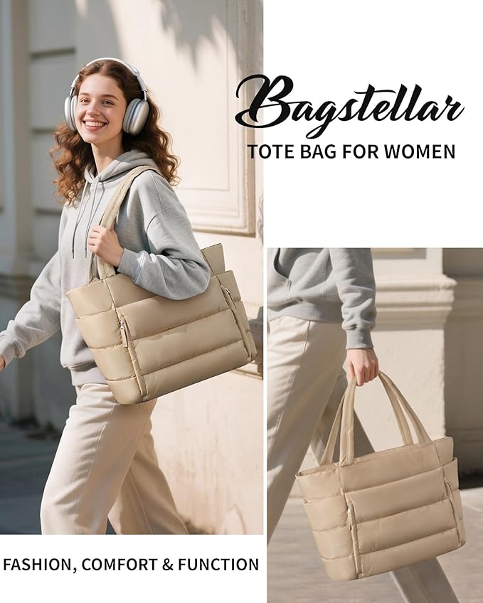 Puffer Tote Bag for Women, Lightweight Puffy Work Handbag Teacher Nurse Quilted Shoulder Bag for School Travel Gym | Quilted, with Zipper, Daily Carry On Bags, Comfy College Bags, 15.6" Laptop Sleeve, Cup Holder Pocket, Portable, Spacious