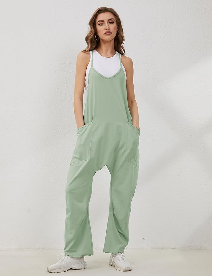 Lentta Women's Causal Jumpsuits V Neck Sleeveless Harem Overalls Stretchy Adjustable Strap Romper with Pockets