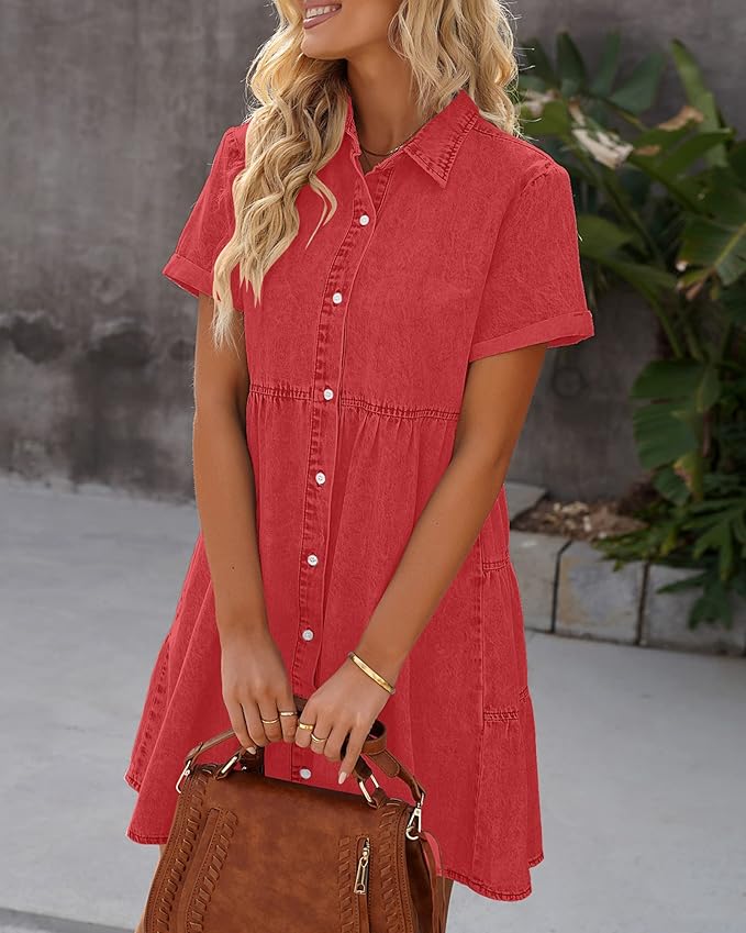 LookbookStore Women's Short Sleeve Button Down Flowy Tiered Babydoll Denim Dress
