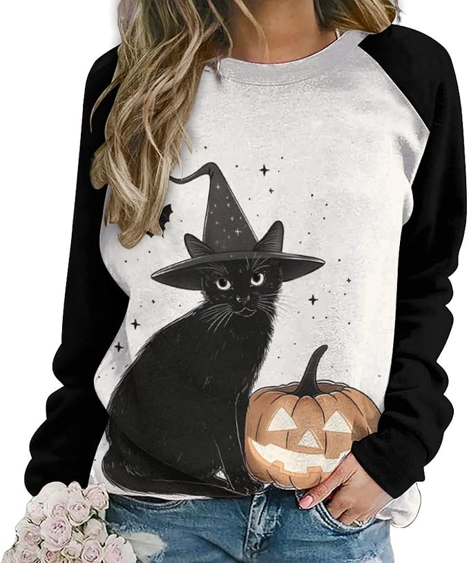 Spatofa Womens novelty funny cat printed crewneck sweatshirt casual loose long sleeve graphic pullover sweatshirts tops