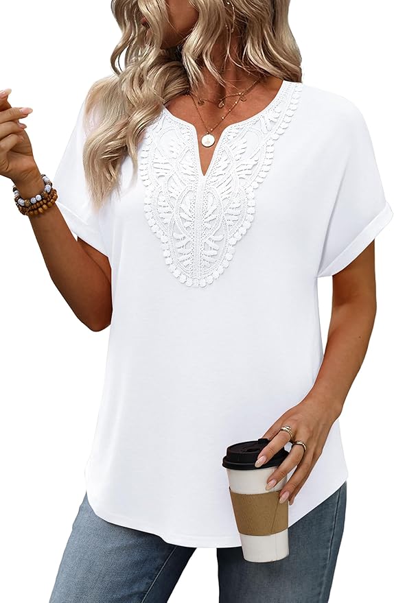 Sipaya Womens Blouses Dressy Casual Summer Shirts Short Sleeve Lace Front Boho Tunic Tops for Leggings Fashion Clothes