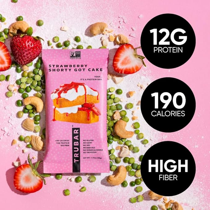 TRUBAR Vegan Protein Bar, Strawberry Shorty Got Cake, Gluten Free, Plant Based Protein, Dairy Free, Non GMO, Soy Free, No Sugar Alcohols, 12G Protein, 12G Fiber, 23G Carb, On the Go Snack Bars, 12 CT