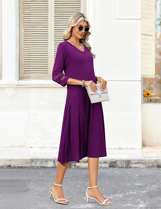 Zeagoo Women's Dresses 3/4 Sleeve Summer Casual V-Neck A Line Flowy Eyelet Midi Dress for Women Beach Vacation Sundress