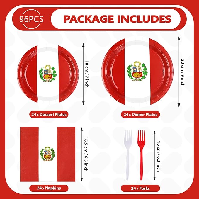 Greencian 96Pcs Peru Flag Party Supplies Peruvian National Day Plates and Napkins Peru Red and White Tableware Set for Peruvian National Sports Events Patriotic Festival Party Decorations，Serves 24