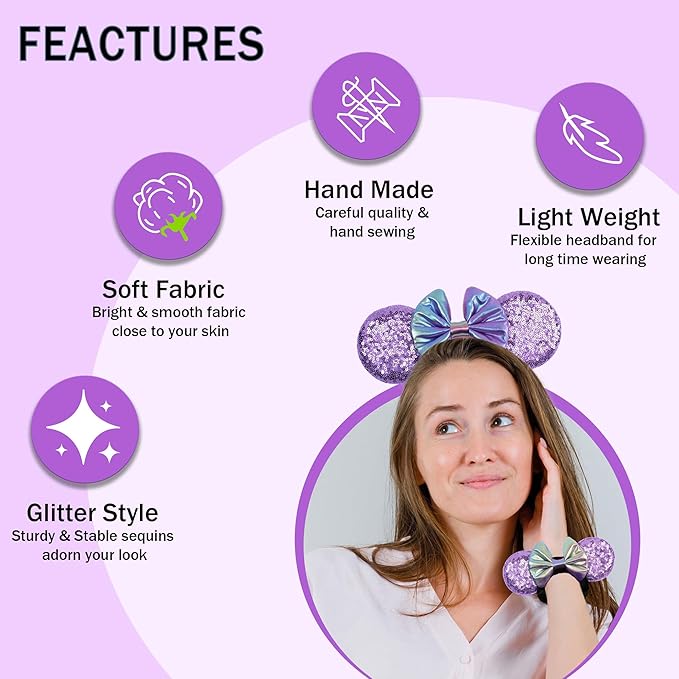 zhezesmila 4 Set Mermaid Mouse Ears Headband and Scrunchies Sequin Headband with Velvet Ears Scrunchies Hair Accessory for Women Birthday Party
