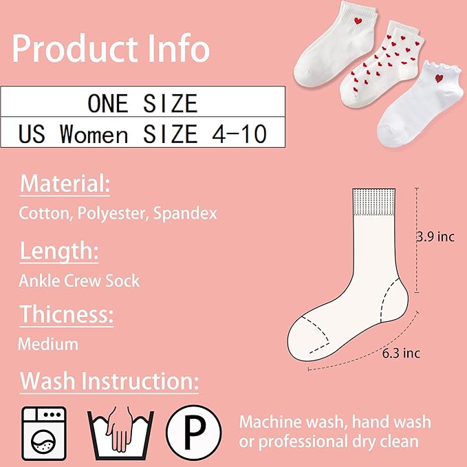 CHUNFO Cute Heart White Red Ankle Women Socks Frilly Fun Bear Pattern Long Crew Novelty Aesthetic Girls Sock 4 & More Pairs