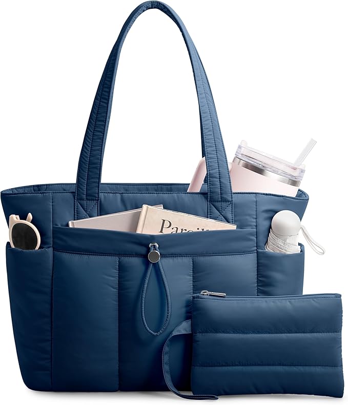 TOPDesign Puffy Tote Bag for Women with Cup Holder & Laptop Compartment & Cosmetic Bag & Trolley Sleeve for Work, Travel