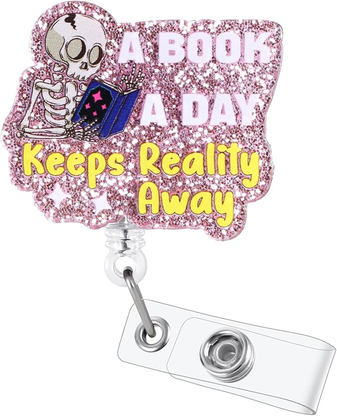 Funny Student Halloween Skull Badge Reel, A Book A Day Keeps Reality Away, Cute Retractable ID Card Librarian Badge Holder, Name Tag Work Badge Clip for Teacher Student Book Lovers Gifts