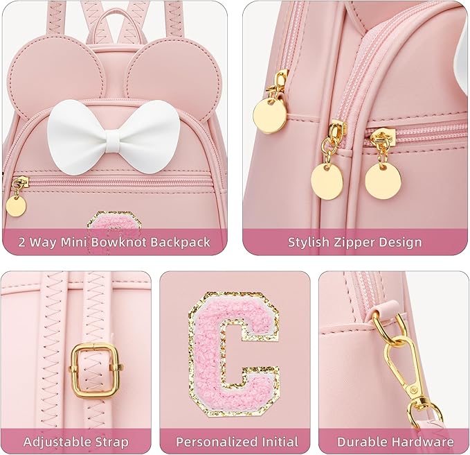 KKXIU Girls Initial Bowknot Cute Mini Backpack for Toddler, Travel Small Girl Backpacks, Personalized Valentine's Day Gifts for Little Girls and Kids(C, Pink)