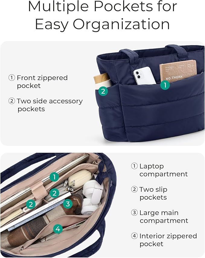 BAGSMART Tote Bag for Women, Lightweight Puffy Tote Bag with Compartments Shoulder Bag Handbag for Travel, Work, Gym | Lightweight, Puffy, Tote Bag with Compartments, Quilted, for Travel, Work
