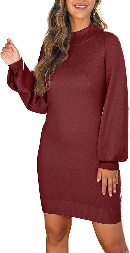 GRECERELLE 2026 Women's Mock Neck Ribbed Long Sleeve Bodycon Pullover Cute Mini Sweater Dress (XS-2XL)