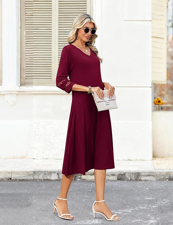 Zeagoo Women's Dresses 3/4 Sleeve Summer Casual V-Neck A Line Flowy Eyelet Midi Dress for Women Beach Vacation Sundress