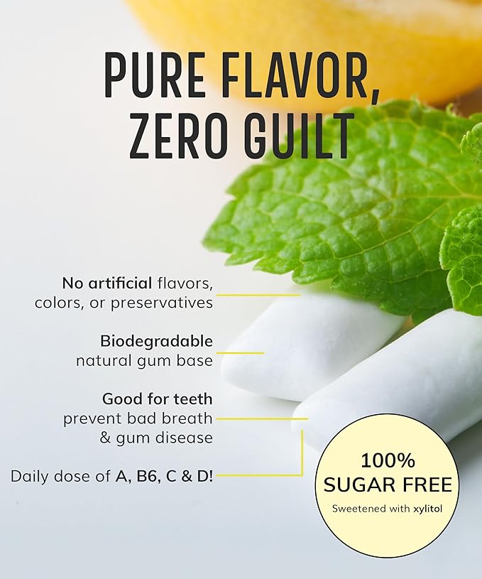 Multivitamin Xylitol Gum (56pcs) - Healthy, Sugar Free, Plastic Free, All Natural Chewing Gum with Vitamin Gum A,B6,C & D, Aspartame Free, Vegan, Gluten Free, Keto (Lemon)