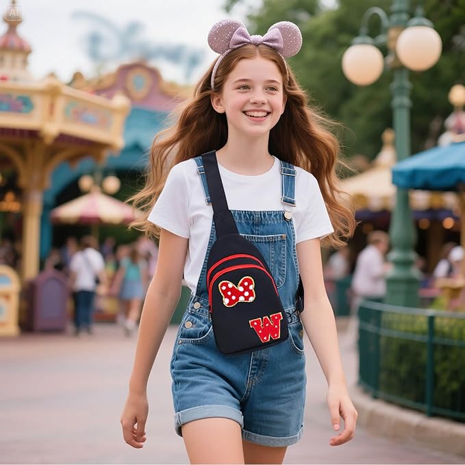 7 8 9 10 11 12 13 14 Year Old Girl Birthday Gifts, Black Initial Bow Mouse Park Small Sling Bag for Girls Daughter Women, Teen Girl Gifts Trendy Stuff Crossbody Fanny Pack Must Haves for Park Travel W