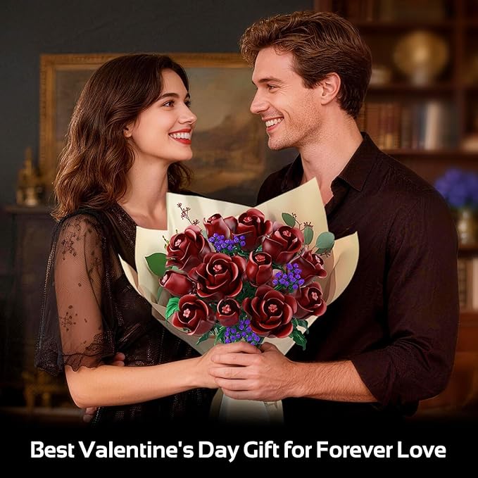 HOGOKIDS Flowers Bouquet Building Set - 15 Burgundy Roses Valentine's Day Gfit for Her, 330PCS Deep Red Rose Botanical Collection Building Blocks Artificial Flower Home Office Decor for Adults Kids 8+