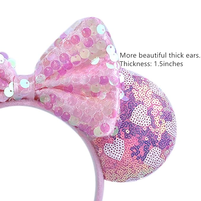 WW-WONDERFULWORLD Exquisite Big Ears Headbands with Bow & Shiny Sequins & Snowflake, for Cartoon Princess Costume Cosplay Glitter Party, Pink; 1MF