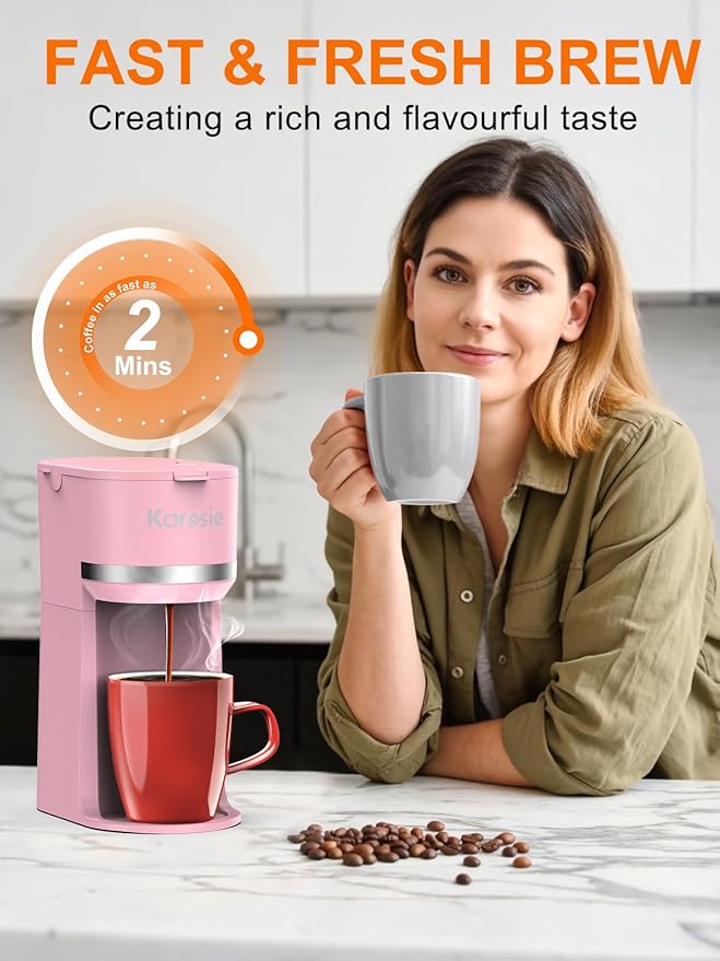 Karosie Single Serve Coffee Maker for K-Cup and Ground Coffee, Fast Brew, 6-12 oz Brew Sizes One Cup Coffee Machine Fits 5.5" Mugs, One-Button Small Coffee Maker with Descaling Reminder,Pink