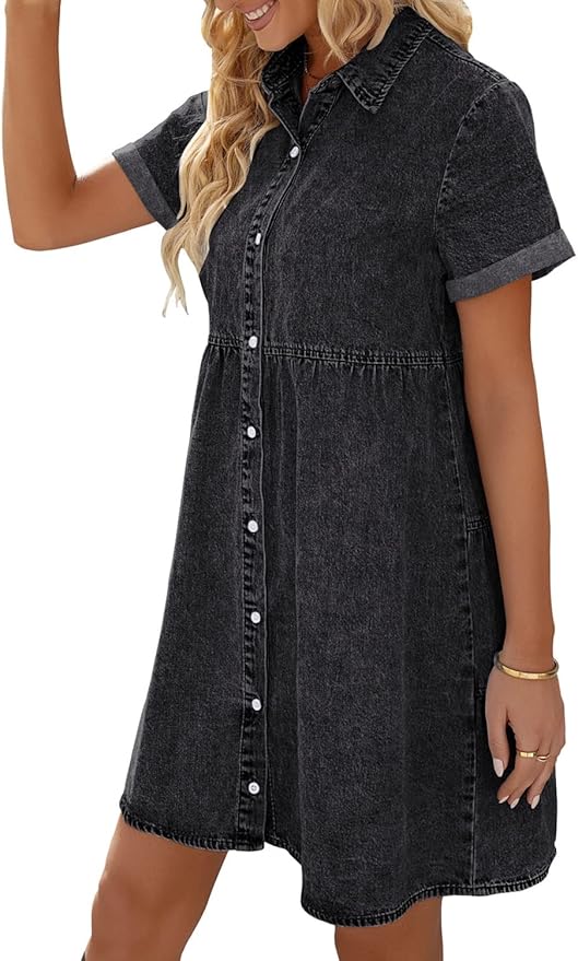 LookbookStore Women's Short Sleeve Button Down Flowy Tiered Babydoll Denim Dress