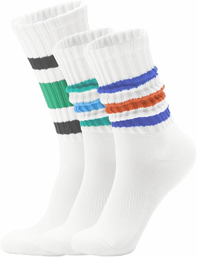 Acomono Retro Striped Slouchy Crew Socks for Men & Women 3 Pairs Cotton Athletic Tube Cushioned Calf Tennis Socks Size 5–11