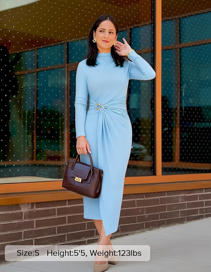 ZESICA Women's 2026 Spring Long Sleeve Bodycon Dress Mock Neck Wedding Guest Cocktail Party Long Midi Dresses