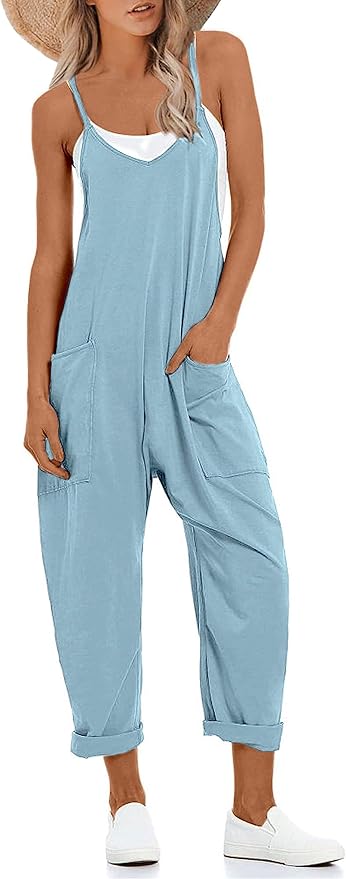 Lentta Women's Causal Jumpsuits V Neck Sleeveless Harem Overalls Stretchy Adjustable Strap Romper with Pockets