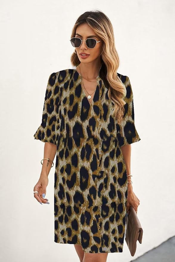 Wkior Shift Dress for Women V Neck Short Sleeves Solid Color Casual Flowy Summer Dresses(S-2XL)
