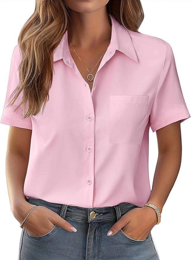 Zeagoo Womens Button Down Shirt Bust Pocket Short Sleeve Blouses Business Casual Work Tops Summer Outfits