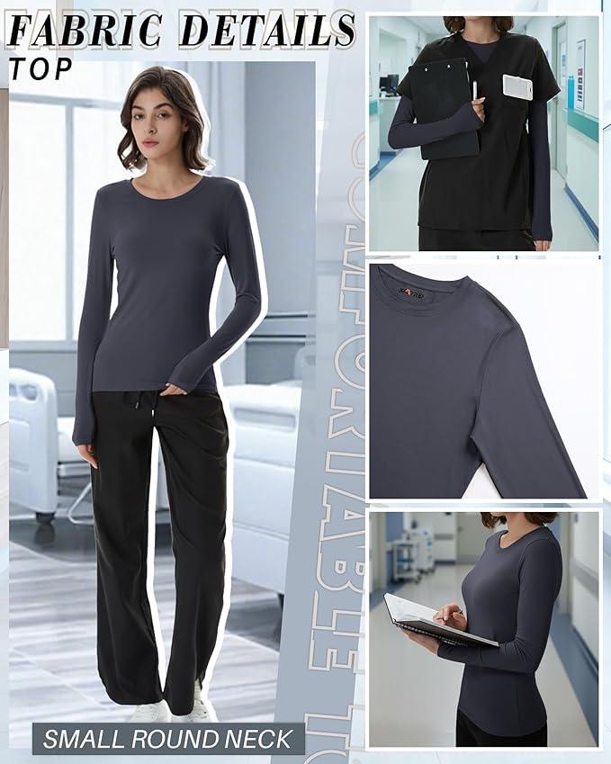4 Pack Women's Underscrub Shirts Nurse Undershirts Long Sleeve Crewneck Slim Fit Tops Soft Stretchy Basic Tee
