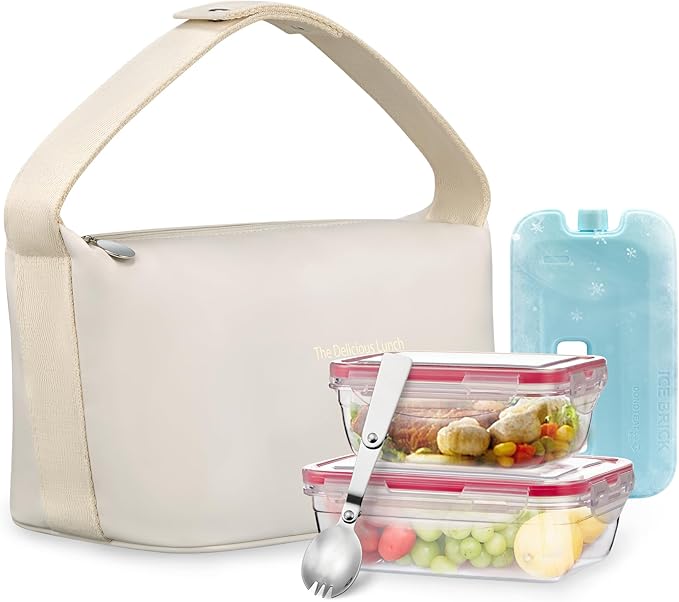 Lunch Bag Set For Women Insulated Leather Woman Lunch Bag With 2 Lunch Box Containers Spoon and Ice Pack Leakproof Reusable High Capacity Lunch Tote Bags for Work, Travel, Outdoor
