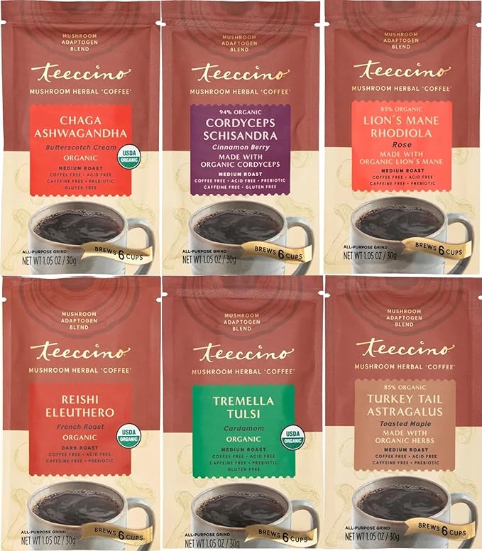Teeccino Mushroom Adaptogen Herbal Coffee Sampler - 6 Trial-Size Packets - Chaga Ashwaganda, Reishi Eleuthero, Tremella Tulsi, Cordyceps Schisandra, Turkey Tail Astragalus, Lion’s Mane Rhodiola