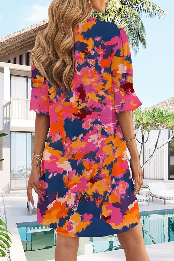 QACOHU Summer Dresses for Women V Neck Ruffle Short Sleeve Casual Shift Dress