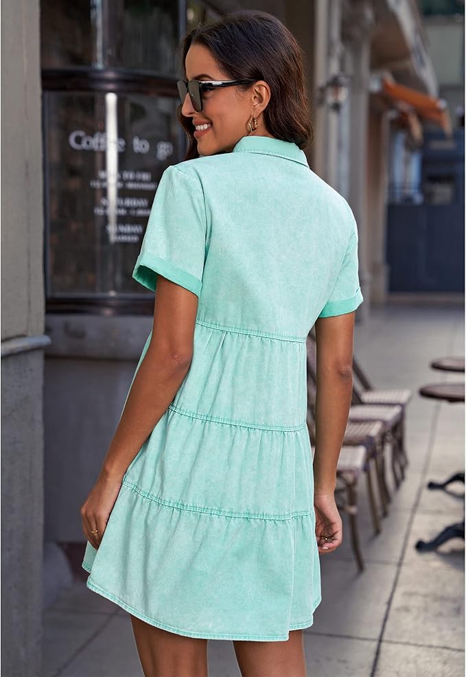 LookbookStore Women's Short Sleeve Button Down Flowy Tiered Babydoll Denim Dress
