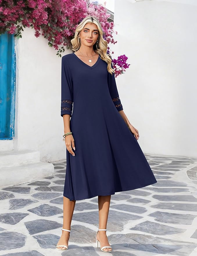 Zeagoo Women's Dresses 3/4 Sleeve Summer Casual V-Neck A Line Flowy Eyelet Midi Dress for Women Beach Vacation Sundress
