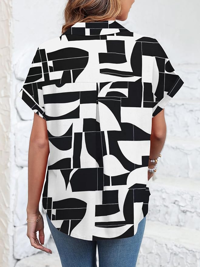 Womens Button Down Shirt Casual Short Sleeve Collared Work Blouse with Pocket