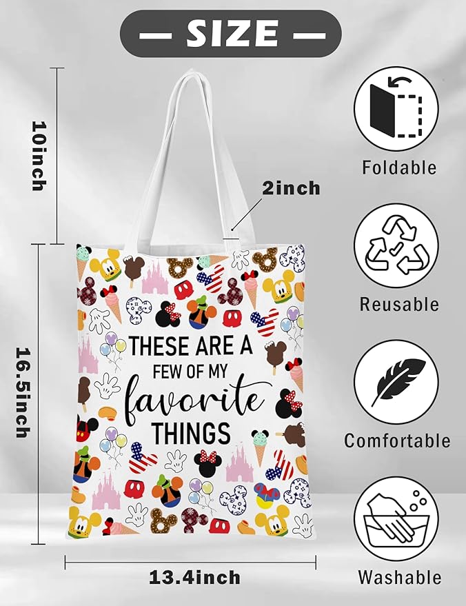 CEASQVAA Vacation Trip Gift Fairytale Fans Canvas Tote Bag Mouse Family Trip Snacks Tote Bag Magic Kingdom Gift Mouse Favorite Things Reusable Grocery Bag for Casual Shopping Travel