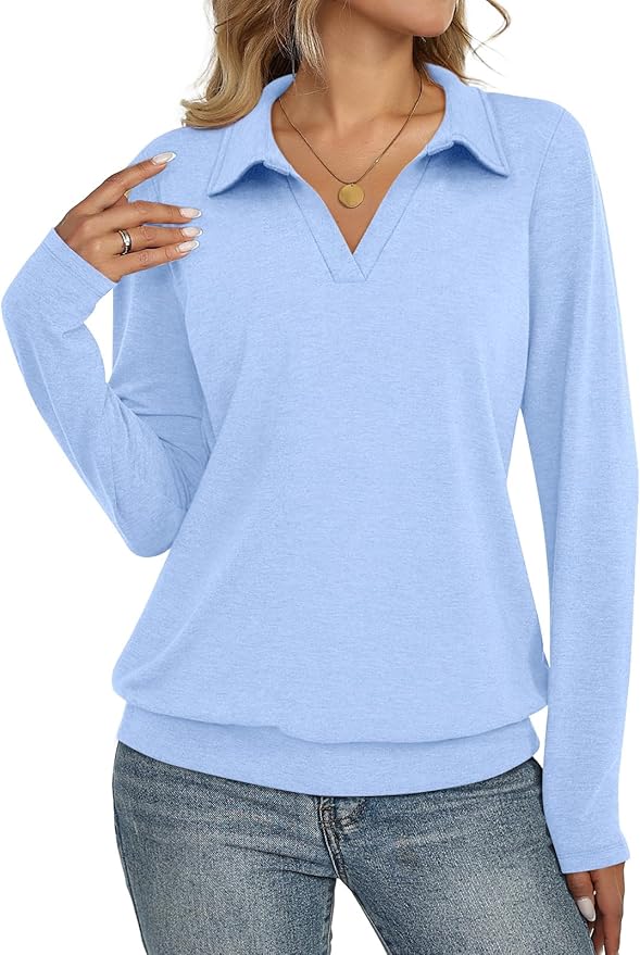 Womens Polo Shirts Long Sleeve Banded Bottom Tops Business Casual Tops Collared V Neck Blouses