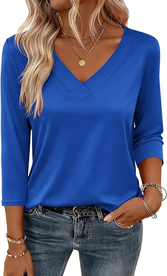 Zeagoo 3/4 Length Sleeve Womens Tops V Neck Shirt Dressy Casual Blouse Basic Tshirts 2026 Fashion Clothing S-2XL