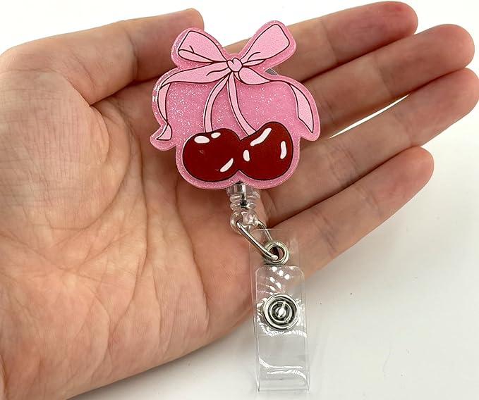 Pink Bow Cherry Badge Reel, Cute Retractable ID Card Badge Holder, Name Tag Work Badge Clip for NICU RN LPN CNA MA ER Night Shift Nurse Nursing Student Pediatric OB/GYN Doctor Teacher, Nurse Gifts