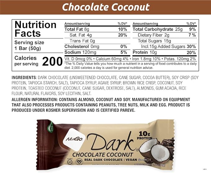 NuGo Dark Chocolate Coconut, 10g Protein Bar, Vegan, Gluten Free, Non-GMO, Kosher Pareve, 12 Count