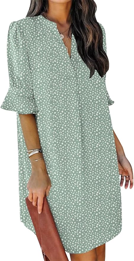 QACOHU Summer Dresses for Women V Neck Ruffle Short Sleeve Casual Shift Dress