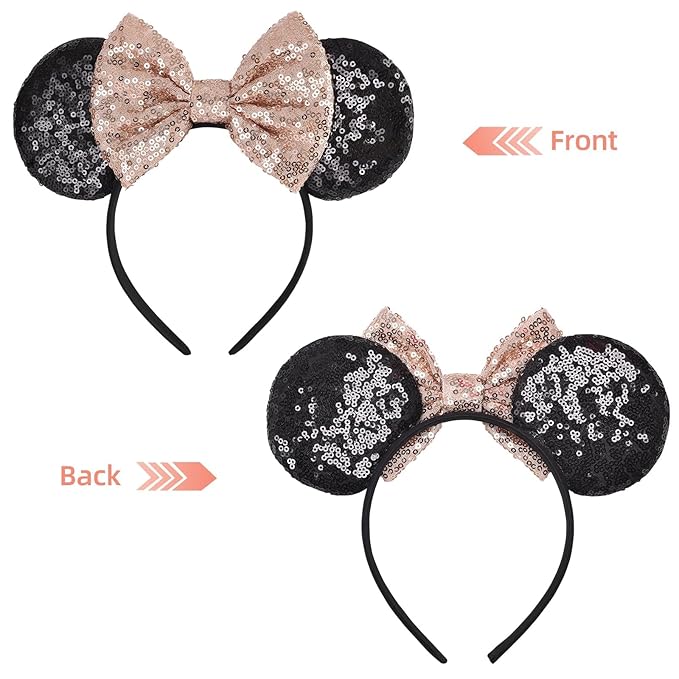 Seamoy Sequin Rose Gold Minnie Headband with Mouse Ears and Bow, Sparkle Park Princess Ears for Women Girls (Gold Bow and Black)