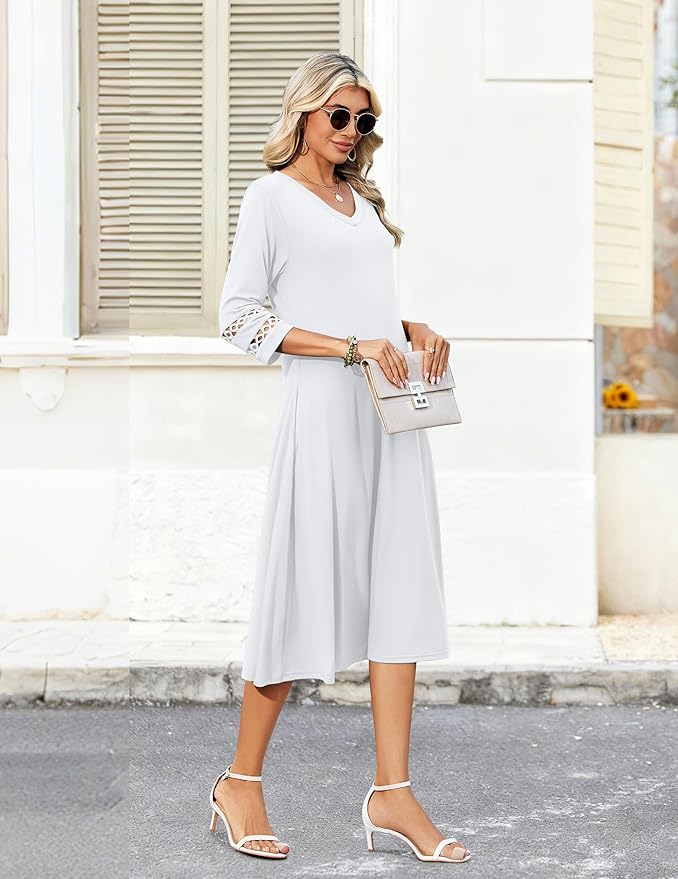 Zeagoo Women's Dresses 3/4 Sleeve Summer Casual V-Neck A Line Flowy Eyelet Midi Dress for Women Beach Vacation Sundress