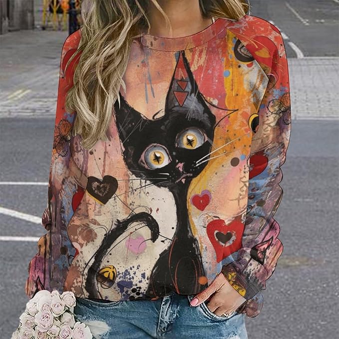 Spatofa Womens novelty funny cat printed crewneck sweatshirt casual loose long sleeve graphic pullover sweatshirts tops