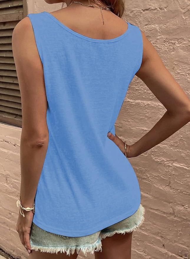 SHEWIN Womens Tank Tops Solid Button Crewneck Sleeveless Summer Tops Loose Fit