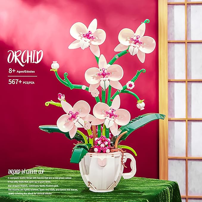 iixeal Pink Orchid Flower Building Set for Adults, Coffee Cup Orchid Botanical Collection Plant Building Kit, Home and Office Decor Gift for Christmas Day, Valentines, Birthday 567pcs
