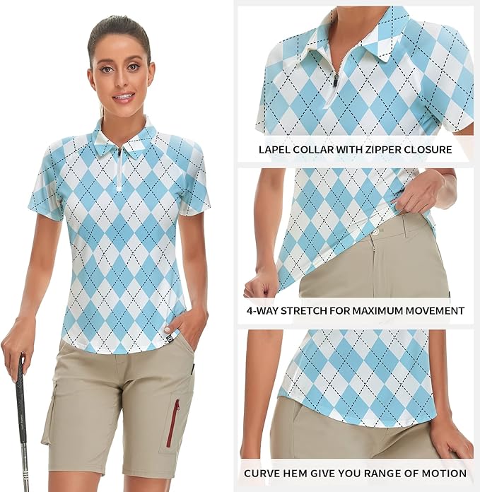 Women's Golf Shirt Short Sleeve Tennis Shirt Quarter Zip Golf Pullover Golf Polo Shirts Argyle Tops