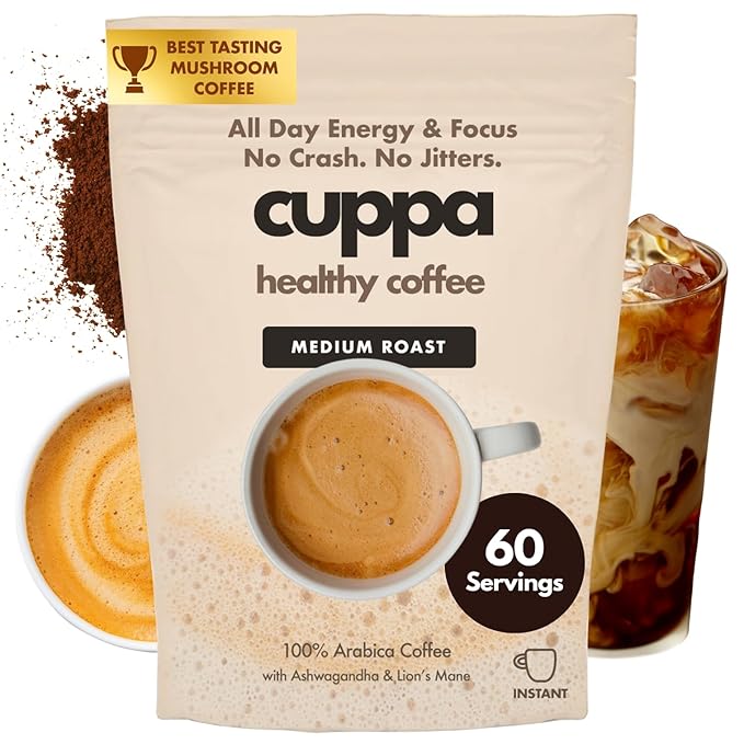 Cuppa Coffee - Great tasting medium roast with mushrooms, adaptogens & superfoods - Lion's Mane, Ashwagandha, Cordyceps, MCT, Prebiotic Fiber & L-Theanine. Supports natural energy & better mental focus, overall well-being + a happier gut (60 Servings)