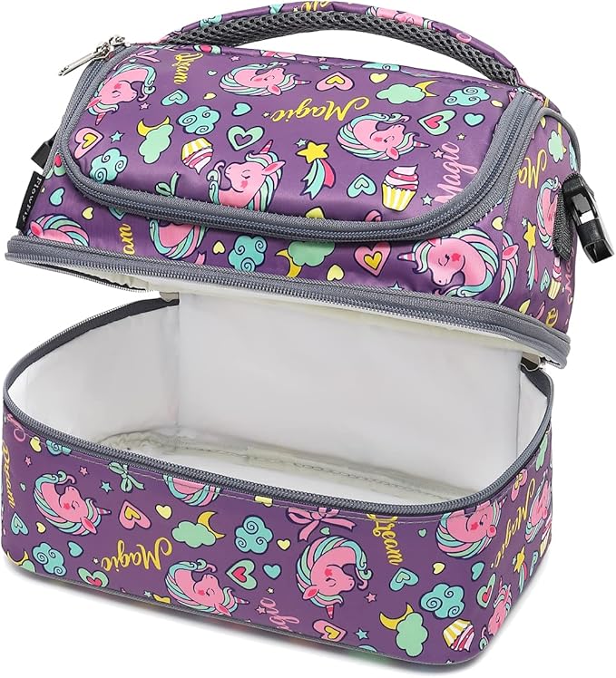 FlowFly Double Decker Cooler Insulated Lunch Bag Large Tote for Boys, Girls, Men, Women, With Adjustable Strap (Purple-Unicorn)